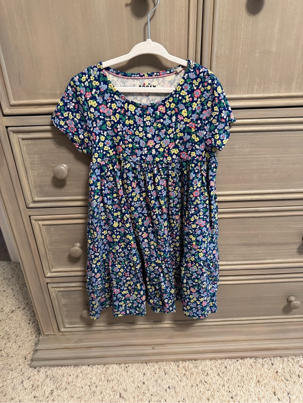 Mini Boden Navy Floral Short-Sleeve Dress with Pink, Yellow & Green Flowers